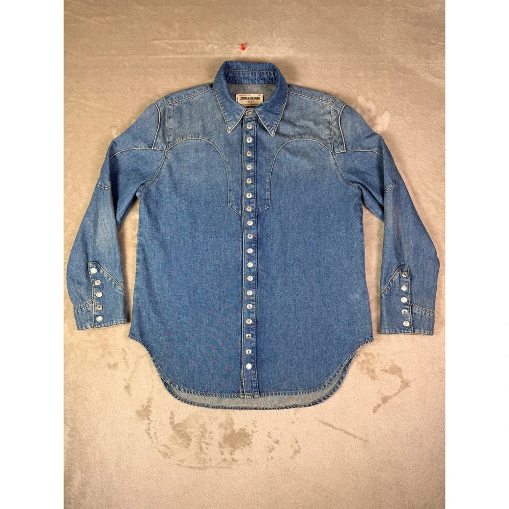 Zadig & Voltaire Thelmus Denim Western Shirt Size Medium Wash Blue Cotton Womens - Picture 4 of 13